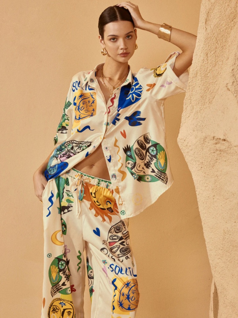 Commense Satin Graffiti Lapel Pants Set